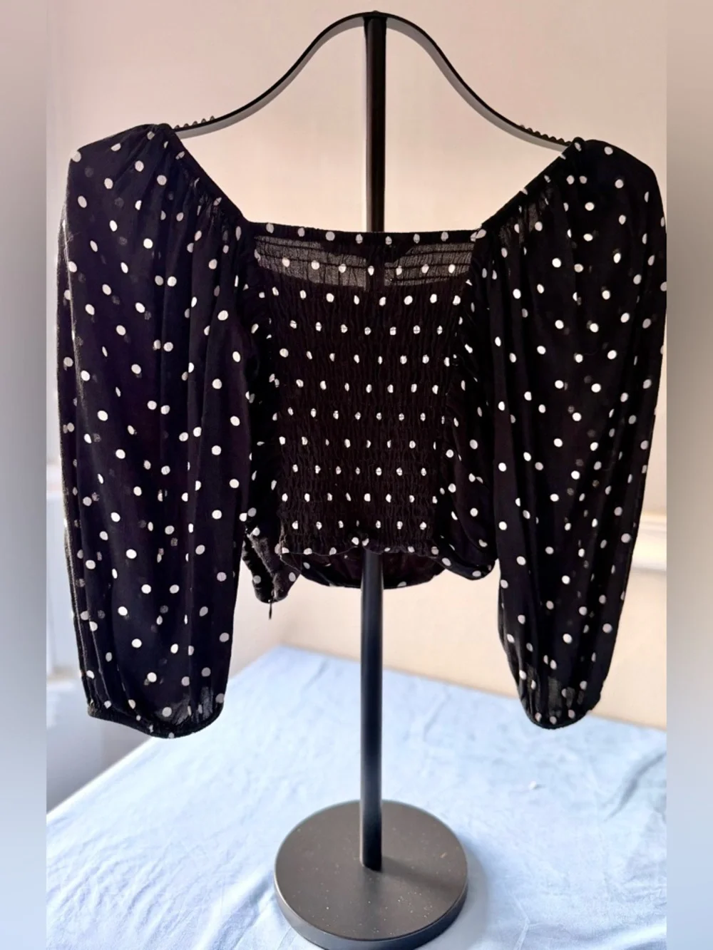 Zara Polka Dot Ruched Crop Top Size S Black Sheer Puff Sleeve Whimsigoth